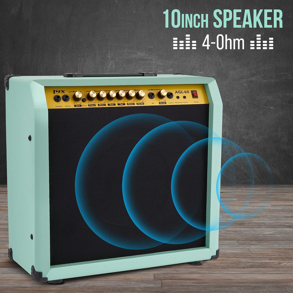 LyxPro 60 Watt Electric Guitar Amplifier | Combo Solid State Studio & Stage Amp with 10' 4-Ohm Speaker, Custom EQ Controls, Drive, Delay, ¼' Passive/Active/Mic Inputs, Aux In & Headphone Jack - Green