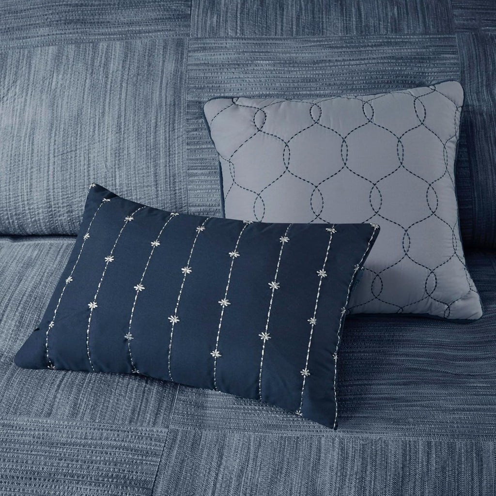 Madison Park Walter Comforter - Luxe Seersucker Print Design, All Season Down Alternative Bedding, Matching Shams, Bedskirt, Decorative Pillows, Navy Cal King(104'x92') 7 Piece