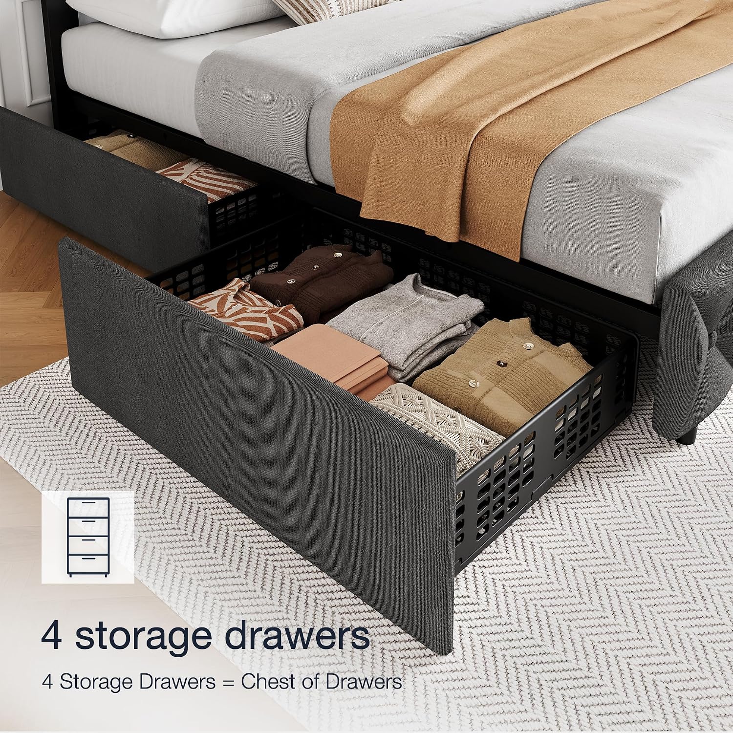 King Size Bed Frame with 4 Storage Drawers & Headboard, Linen Upholstered Platform Bed Frame, Stylish Diamond Tufted Design, No Box Spring Needed | Grey