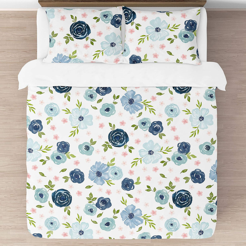 Sweet Jojo Designs Navy Blue and Pink Watercolor Floral Girl Full/Queen Size Kid Childrens Bedding Comforter Set - 3 Pieces - Blush, Green and White Shabby Chic Rose Flower
