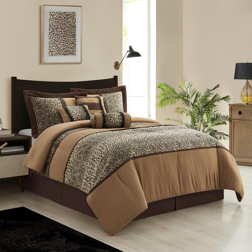 Grand Avenue Brown/Taupe Leopard Full Size Comforter Set, 7 Piece, Bedding Comforters & Sets, Pillow Shams Bedskirt, Home Decor