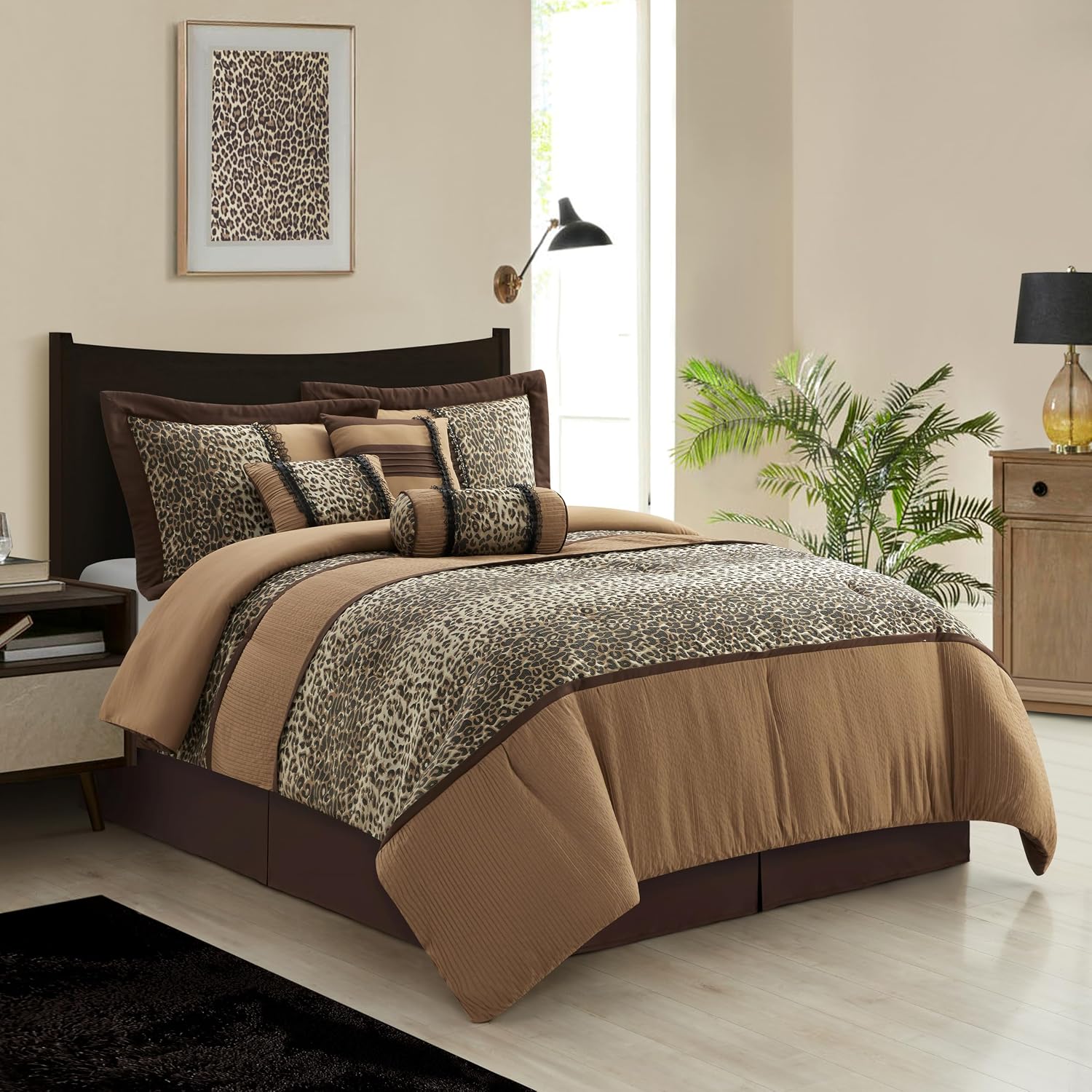 Grand Avenue Brown/Taupe Leopard Full Size Comforter Set, 7 Piece, Bedding Comforters & Sets, Pillow Shams Bedskirt, Home Decor