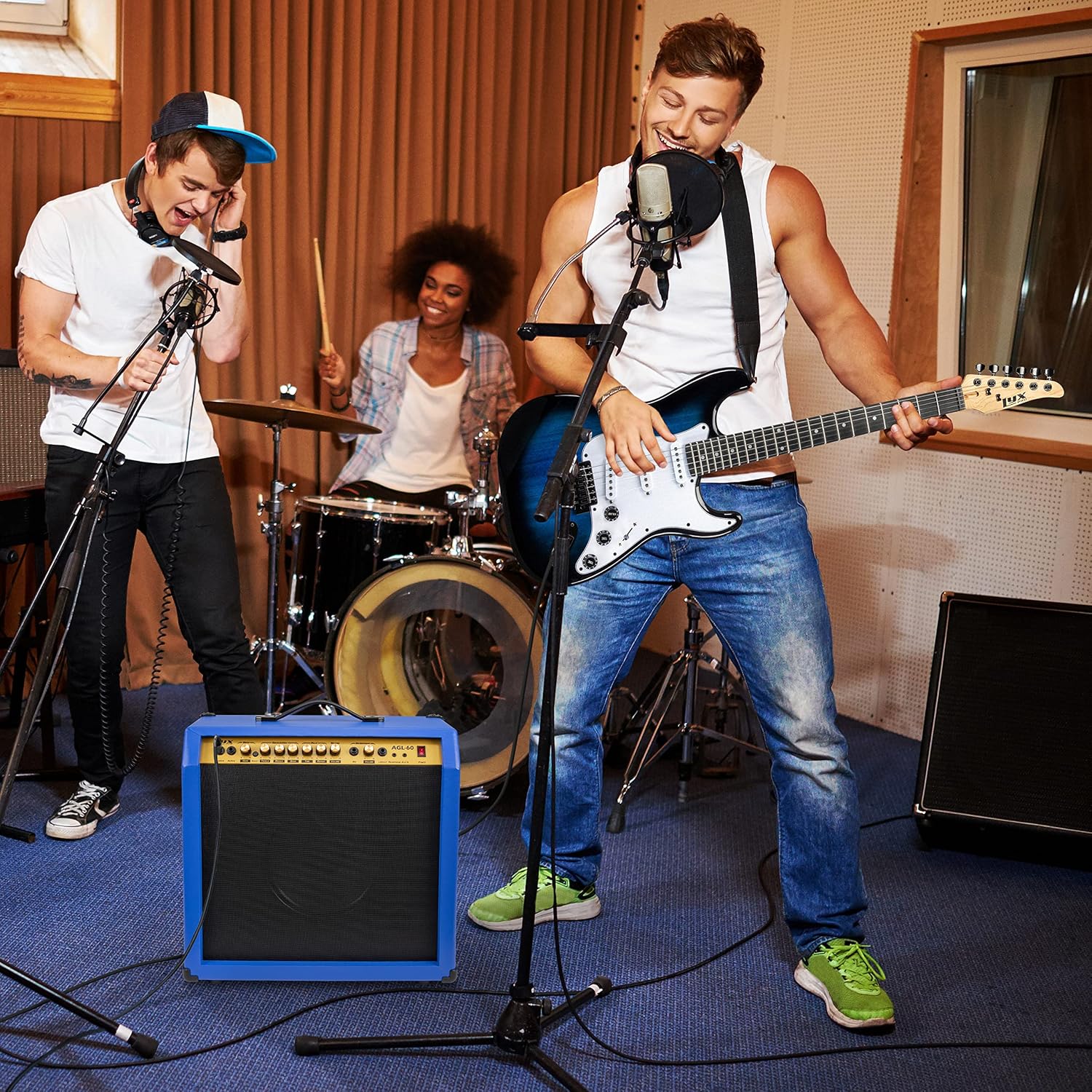 LyxPro 60 Watt Electric Guitar Amplifier | Combo Solid State Studio & Stage Amp with 10' 4-Ohm Speaker, Custom EQ Controls, Drive, Delay, ¼' Passive/Active/Mic Inputs, Aux in & Headphone Jack - Blue