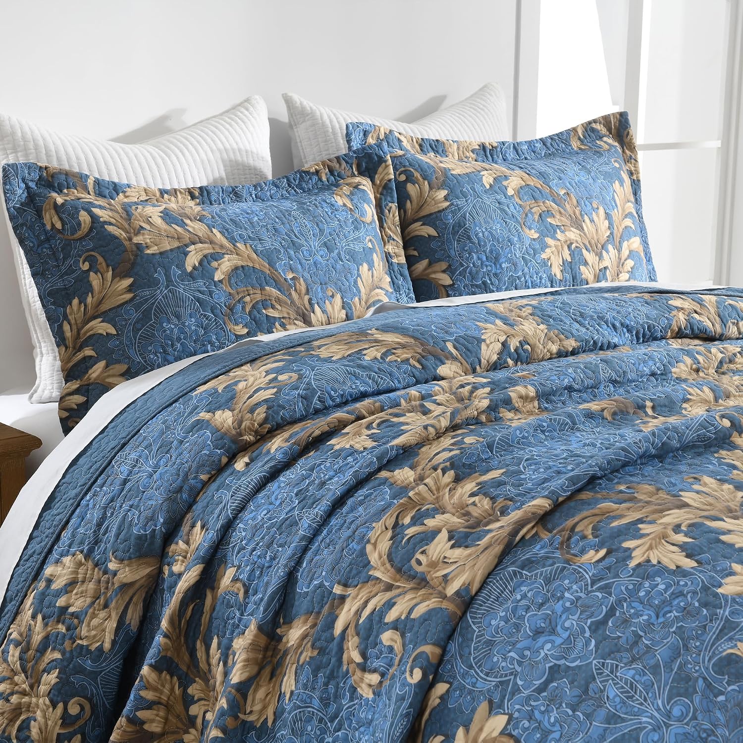King Size Quilt Set - Blue and Brown Quilt King, 100% Cotton Damask Bedspread Set 3 Piece, Classic Elegant Lightweight Comforter, Reversible Quilt Bedding Set for All Season