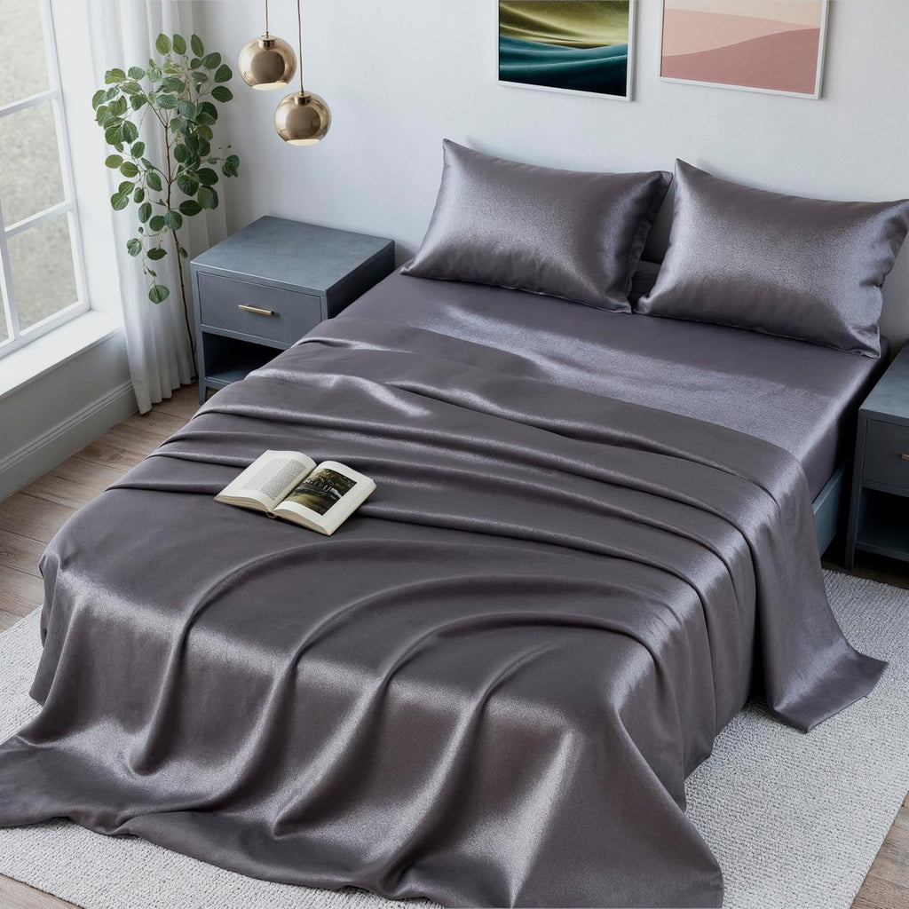 Colorado Home Co SUNDAYSILKS | Mulberry Silk Bed Sheets | 4PC Queen Set | Natural Bedding | Soft & Durable | Grade 6A Organic Real Silk [Charcoal Essence]