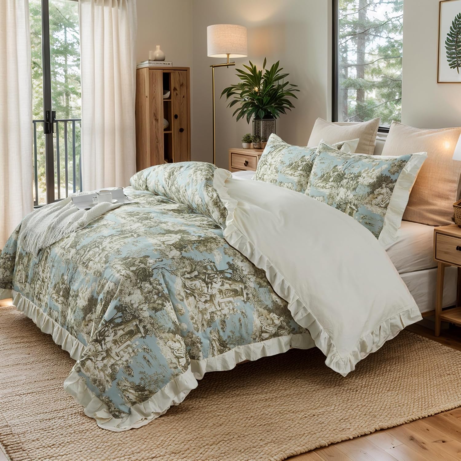 Brandream French Country Cottagecore Toile Floral Duvet Quilt Cover King Size 100% Cotton Bedding Set Toile Tapestry Pattern Blossom Tree Branches Delicate Ruffle Fringe Design