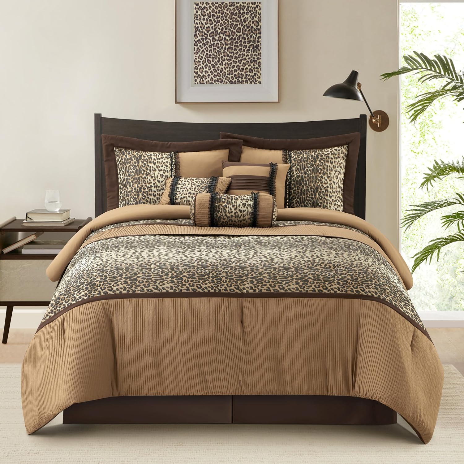 Grand Avenue Brown/Taupe Leopard Full Size Comforter Set, 7 Piece, Bedding Comforters & Sets, Pillow Shams Bedskirt, Home Decor