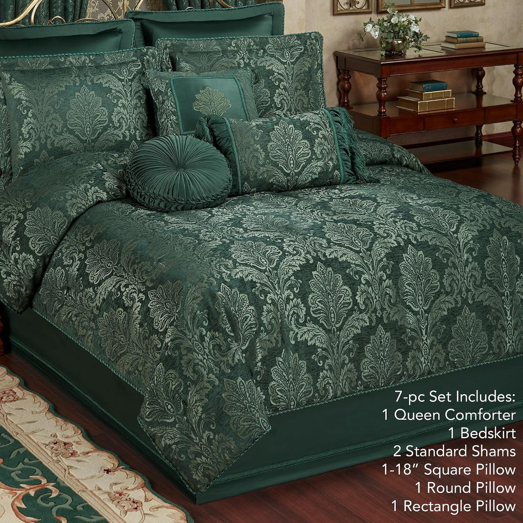 Camelot Luxury Bedding | Emerald Green | Matte Satin Damask on Richly Textured Jacquard-Woven Chenille | 7 Piece Set Includes Queen Comforter, Bedskirt, 2 Standard Shams, and 3 Decorative Pillows
