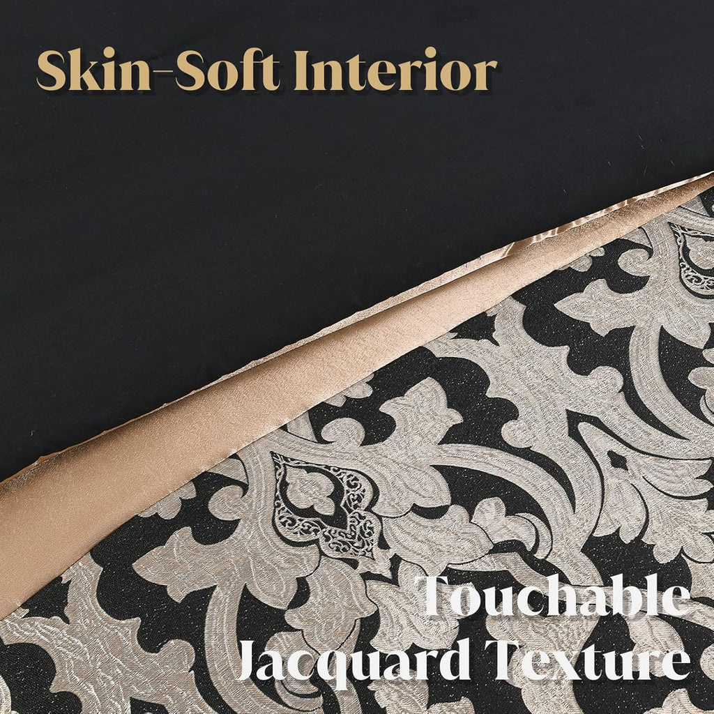 CozyDH Black and Gold Jacquard Comforter Set - 7 Piece King Luxury Damask Patchwork Design, All Season Down Alternative Bedding with Bed Skirt, Shams, Decorative Pillows, 104x90 in
