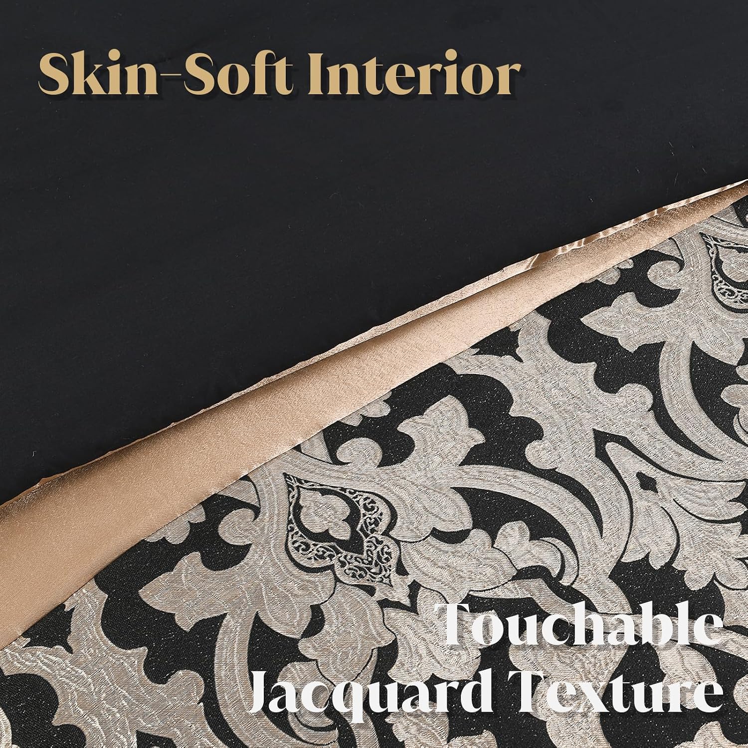 CozyDH Black and Gold Jacquard Comforter Set - 7 Piece Queen Luxury Damask Patchwork Design, All-Season Down Alternative Bedding with Bed Skirt, Shams, Decorative Pillows, 90x90 in