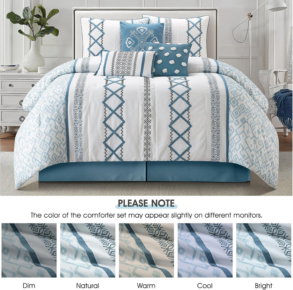 LANCO MODERN LIFESTYLE Blue California King Comforter Set, 7 Pieces All Season Bedding Sets in a Bag with Geometric Terry Embroidered Comforter, Bed Skirt, Pillow Shams and Decorative Pillows