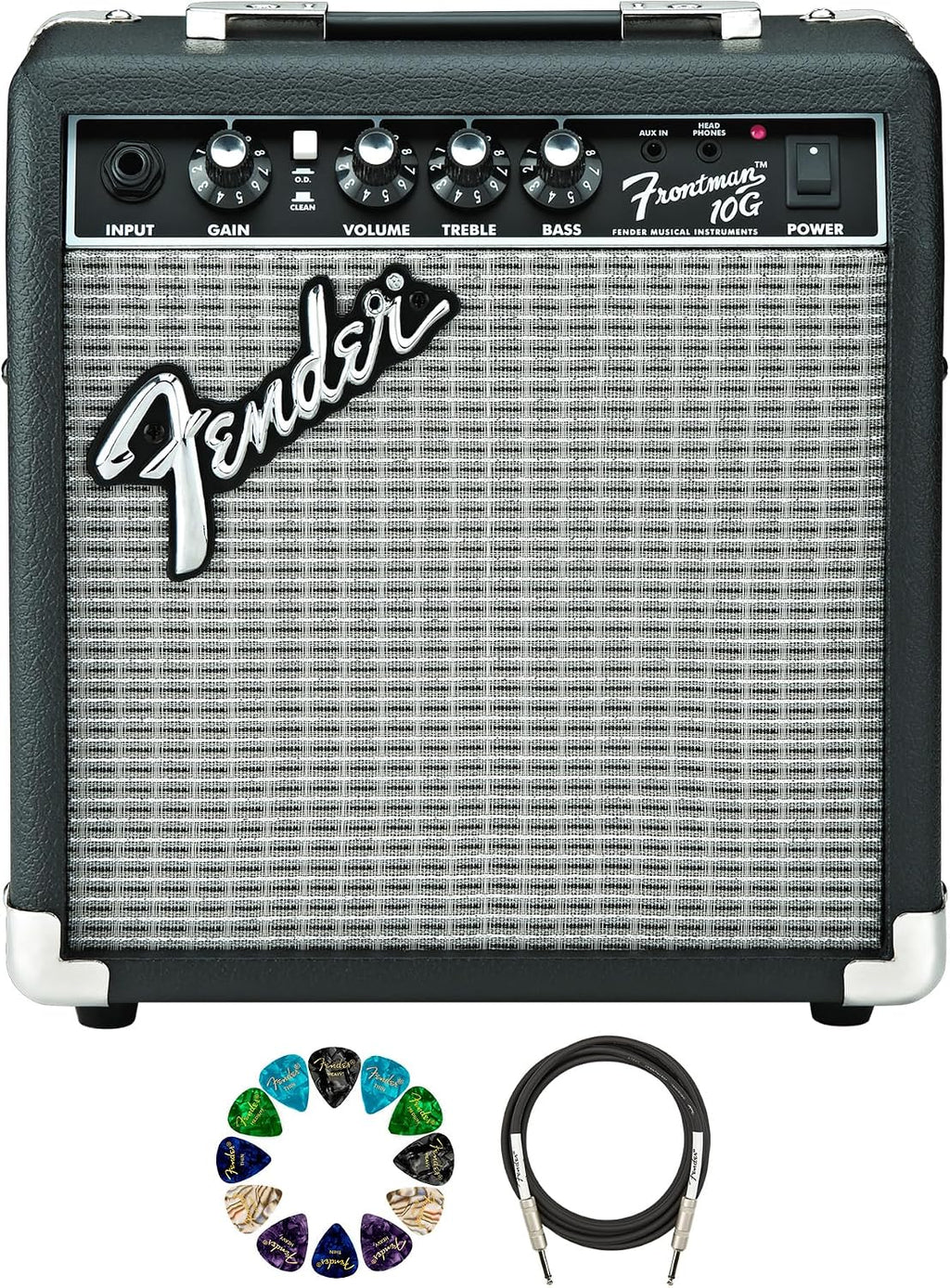 Fender Frontman 10G Guitar Combo Amplifier - Black Bundle with Cable and Austin Bazaar Exclusive 12-Pack Picks