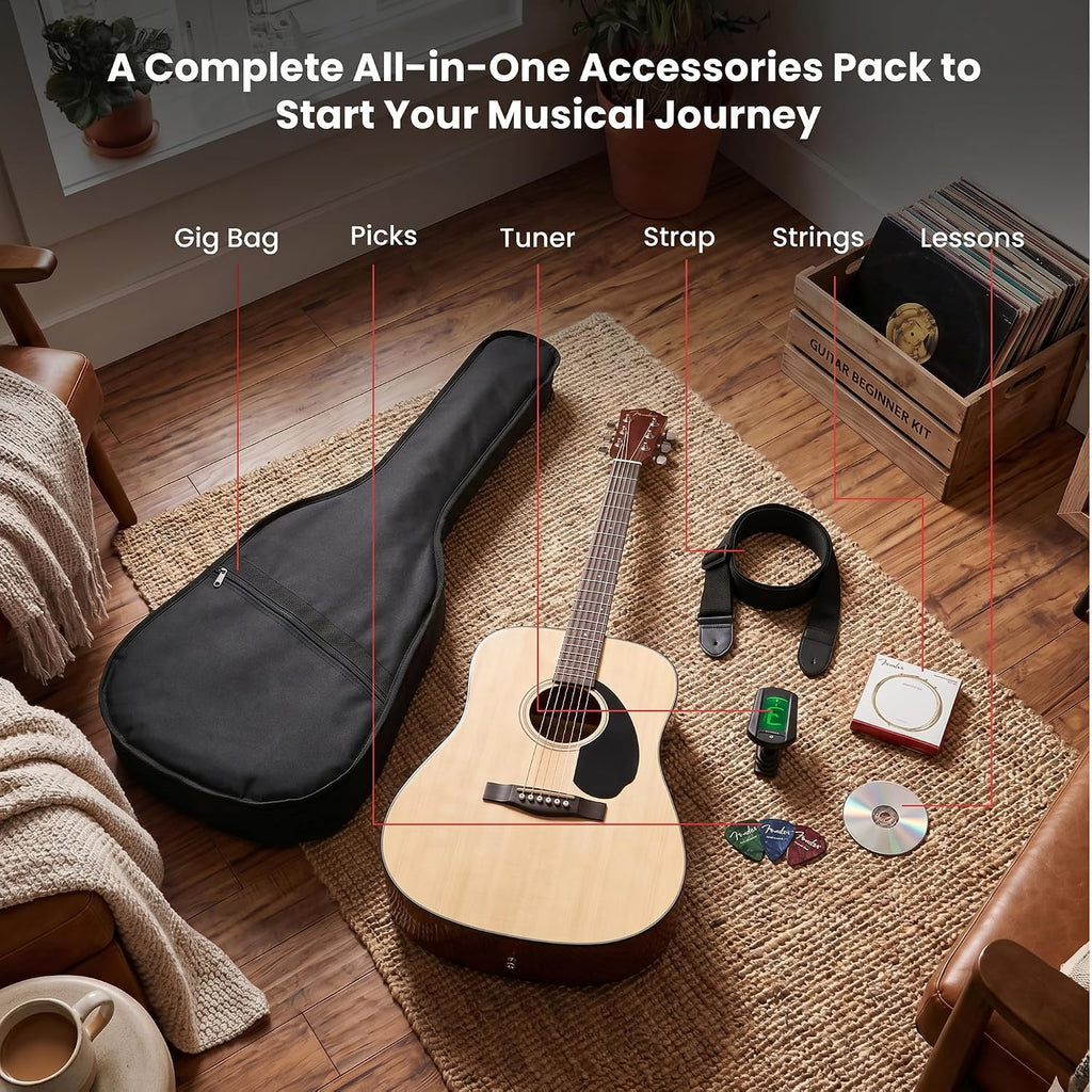 Fender CD-60S Solid Top Dreadnought Acoustic Guitar - Natural Bundle with Gig Bag, Tuner, Strap, Strings, Picks, and Austin Bazaar Instructional DVD
