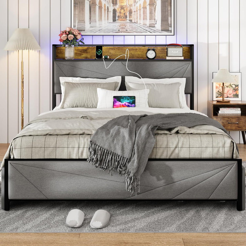 hatisan Full Size Bed Frame with 4 Storage Drawers and 2 USB Ports, Upholstered Platform Bed Frame with Storage Headboard Charging Station and Metal Slat Support, No Box Spring Needed, Dark Grey.