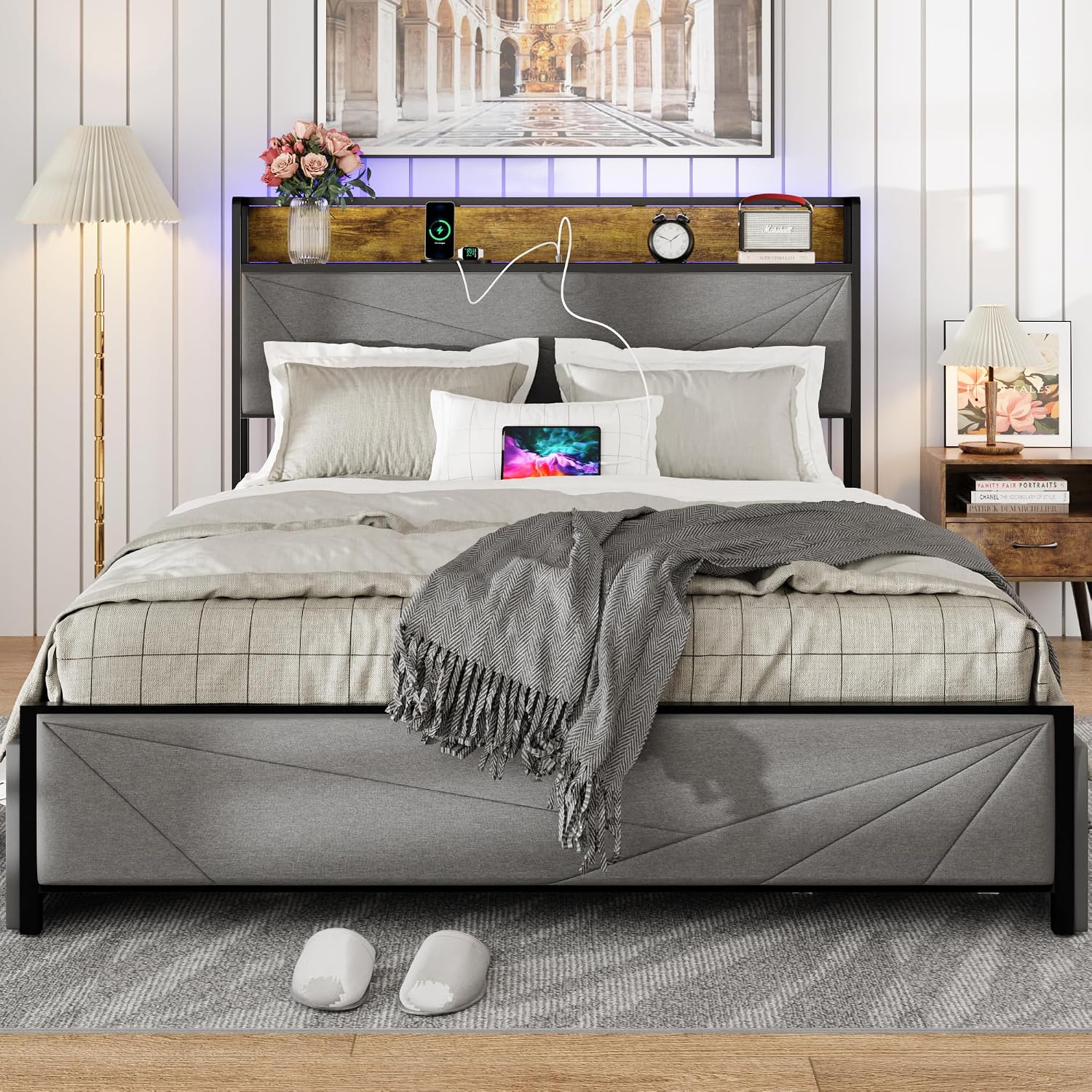 hatisan Full Size Bed Frame with 4 Storage Drawers and 2 USB Ports, Upholstered Platform Bed Frame with Storage Headboard Charging Station and Metal Slat Support, No Box Spring Needed, Dark Grey.