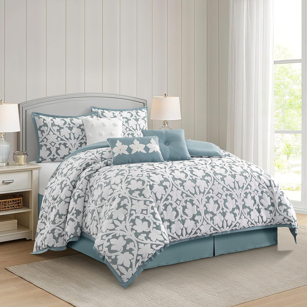 Grand Avenue 7 Piece Blue Comforter Set, California King Size Jacquard Bedding Set, All Season Floral Leaves Bedding, Matching Pillows, Shams, Bed Skirt