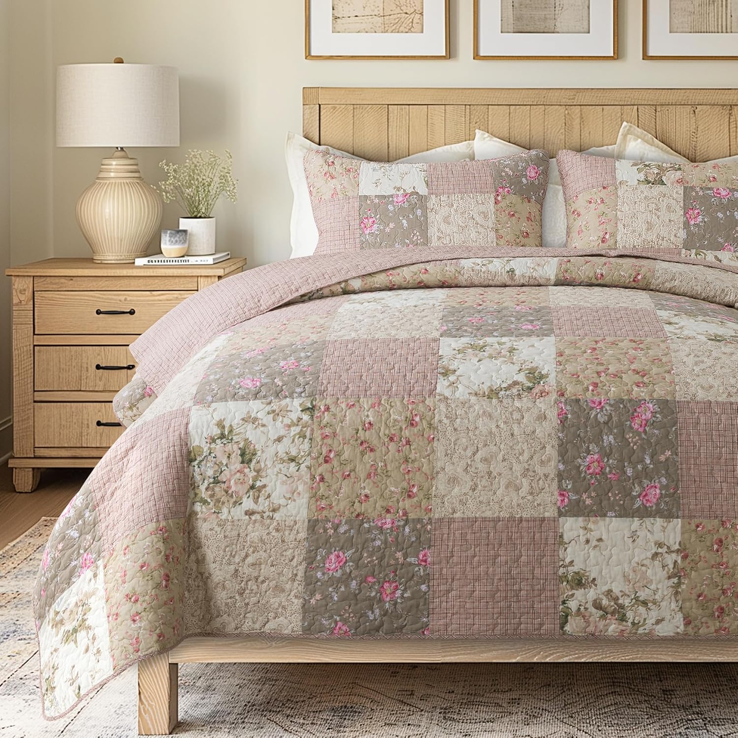 SLPR Secret Garden Patchwork Cotton Pieced Quilt Set - King with 2 Shams, Country Shabby Chic Bedding with Flower Pattern, Pink Floral Farmhouse Quilted Bedspread for All Seasons