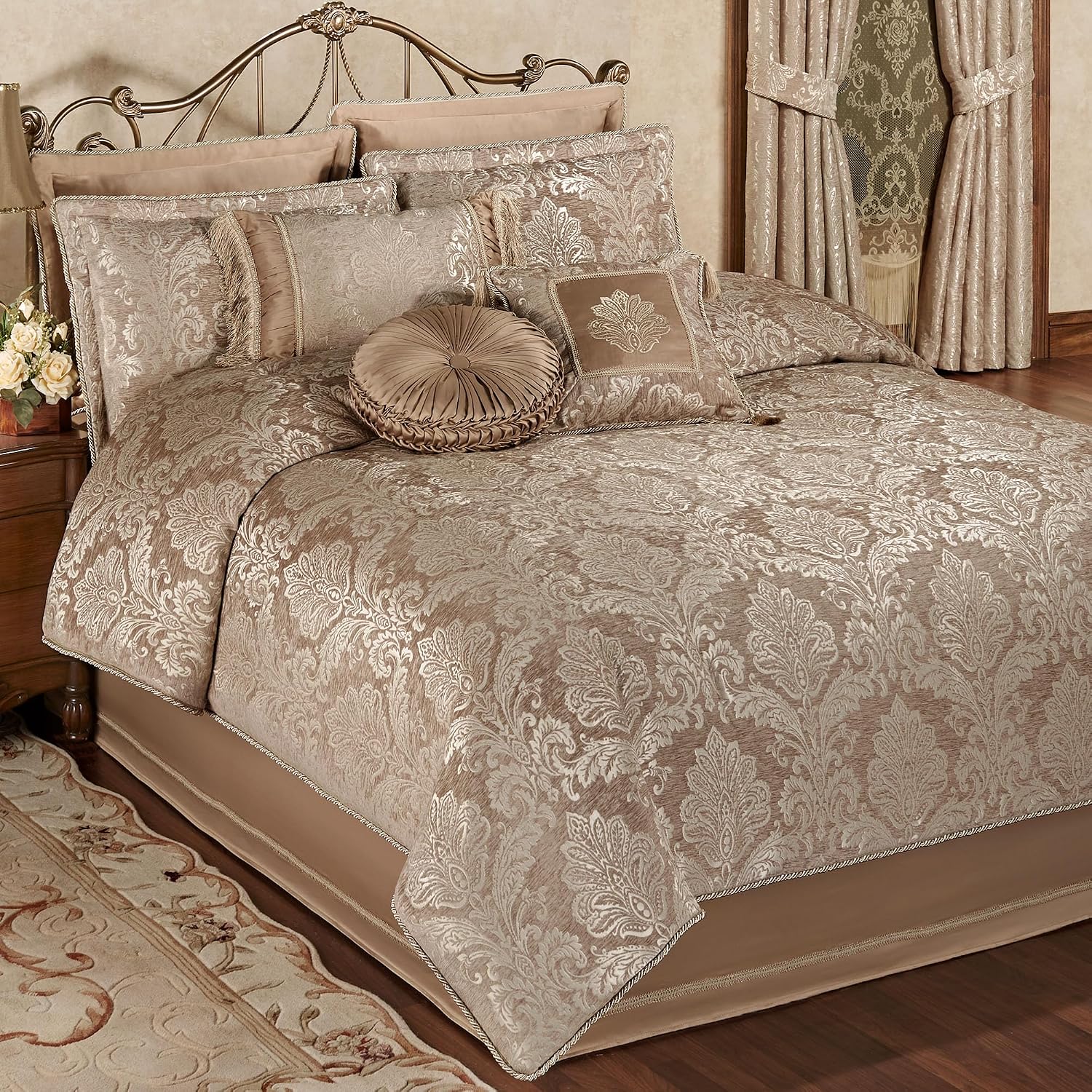 Touch of Class Camelot Luxury Bedding | Neutral Almond | Matte Satin Damask on Richly Textured Jacquard-Woven Chenille Design | 4 Piece Set Includes Queen Comforter, Bedskirt, and 2 Standard Shams