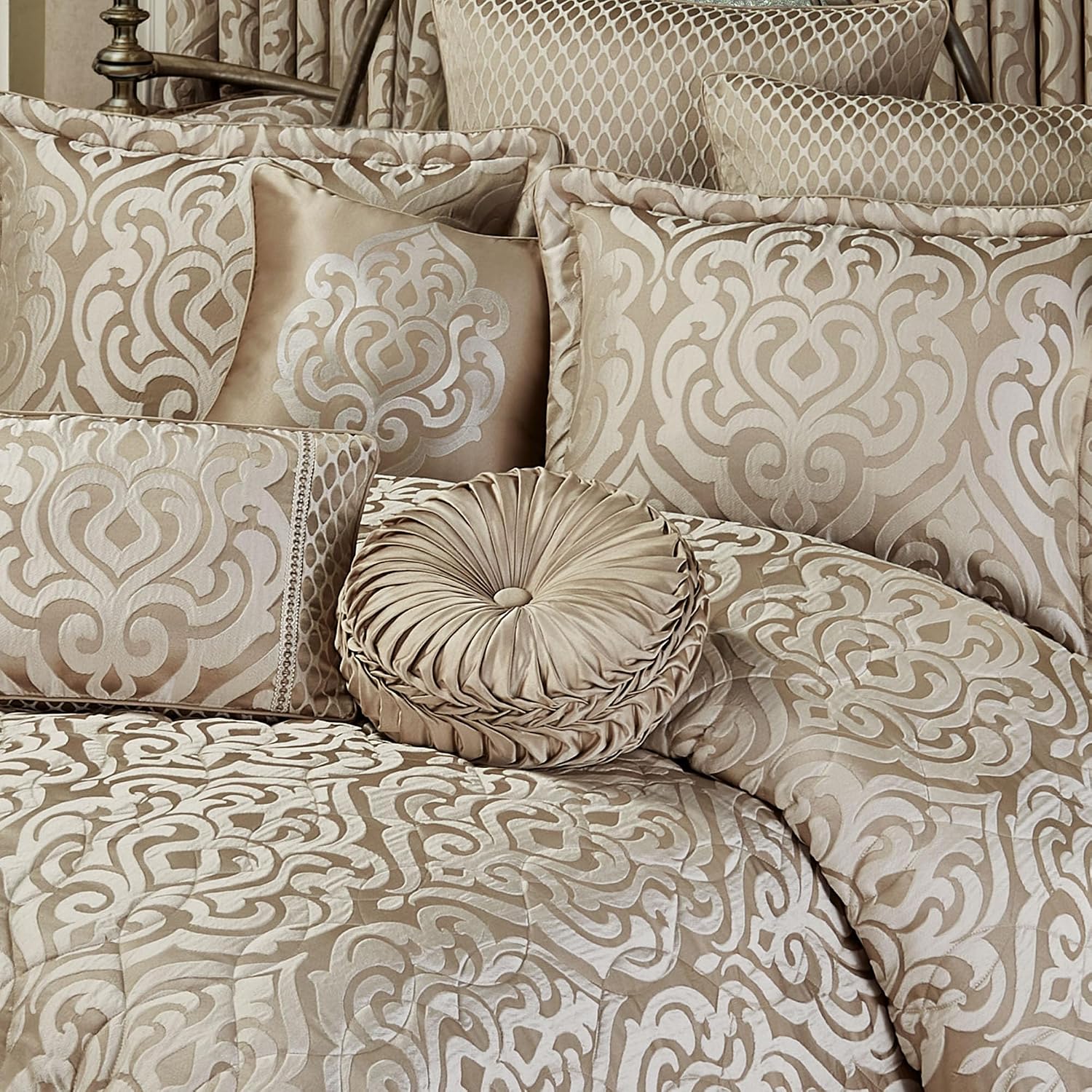 Davenport Luxury Bedding | Neutral Jacquard-Woven Puffed Scrollwork | 10 Pc Set includes Queen Bedspread, 2 Standard Shams, 2 European Shams, 2 Euro Pillow Inserts, and 3 Decorative Reversible Pillows