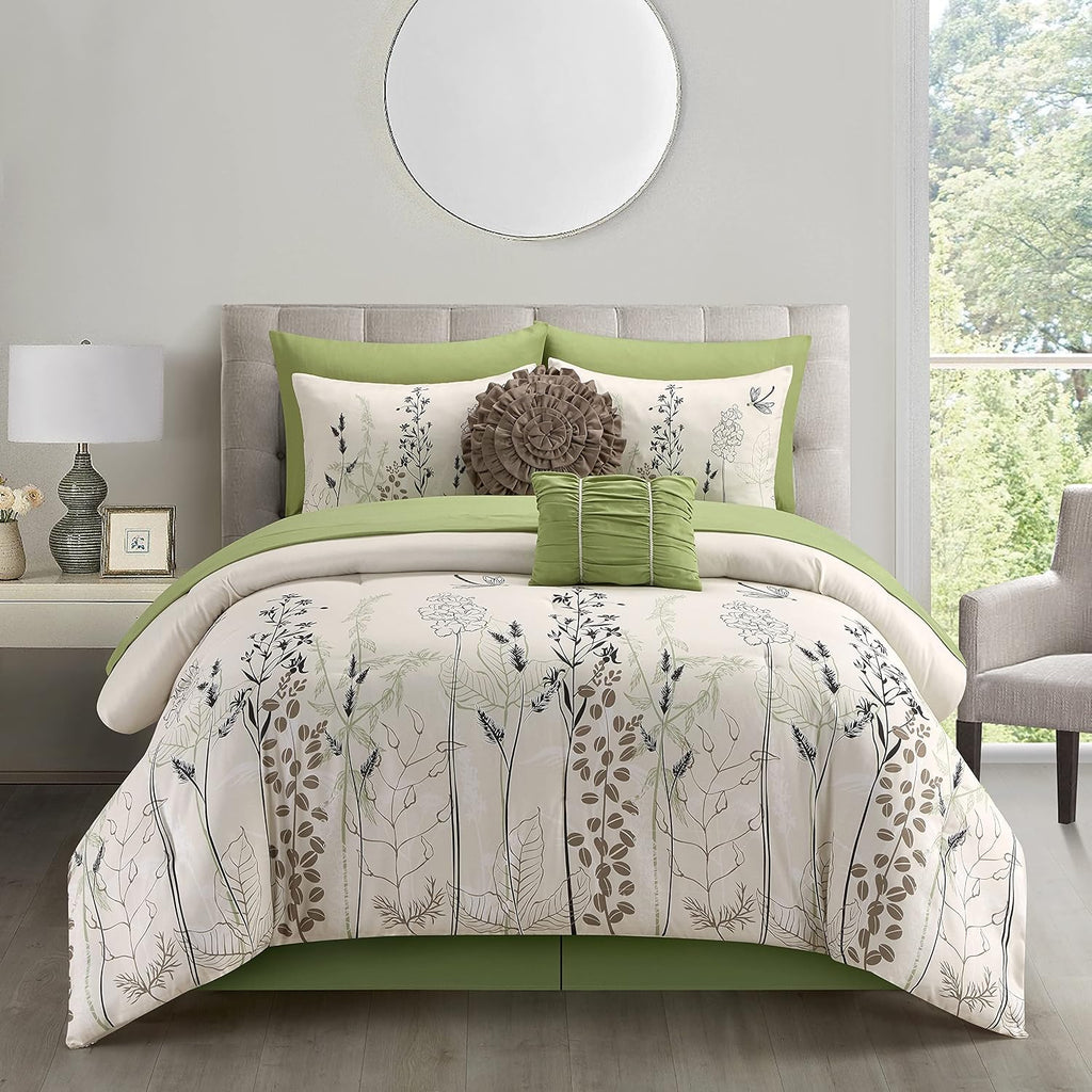 Stratford Park Green/White Bed Sets Queen with Comforter, 10 Piece, Microfiber Print All Season Premium Bedding Set,1 Flat Sheet,1 Fitted Sheet