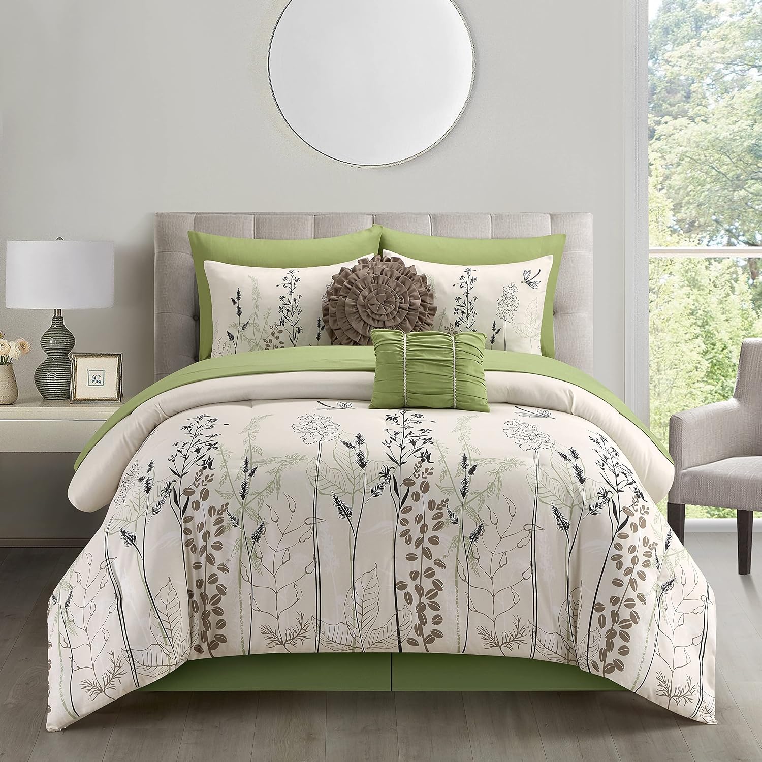 Stratford Park Green/White Bed Sets Queen with Comforter, 10 Piece, Microfiber Print All Season Premium Bedding Set,1 Flat Sheet,1 Fitted Sheet
