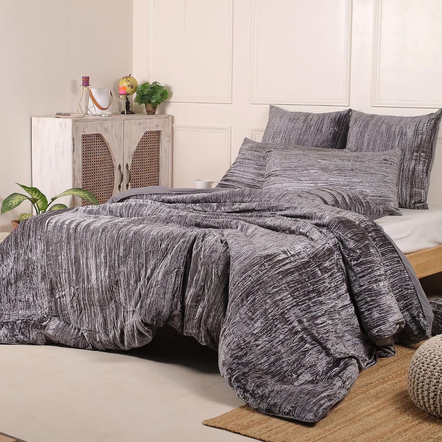 The Harry Creations 3 Pcs Set Solid Pattern Velvet Bedding Ultra Donna Crushed Luxury Boho Duvet Cover (Crush- Gray, Super King Plus 114' x 118')