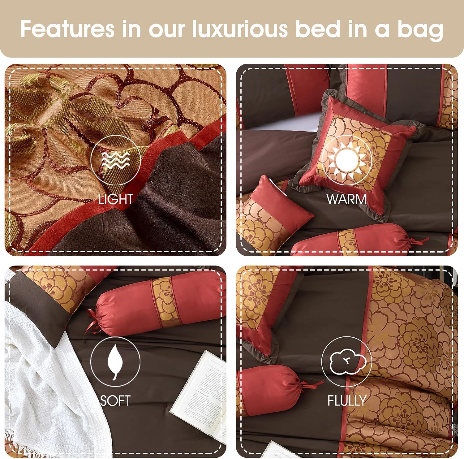 Grand Avenue Red/Brown Cal King Comforter Set, 7 Piece, All Season Premium Bedding Set, Bedskirt, Pillows & Shams, Ultra-Soft
