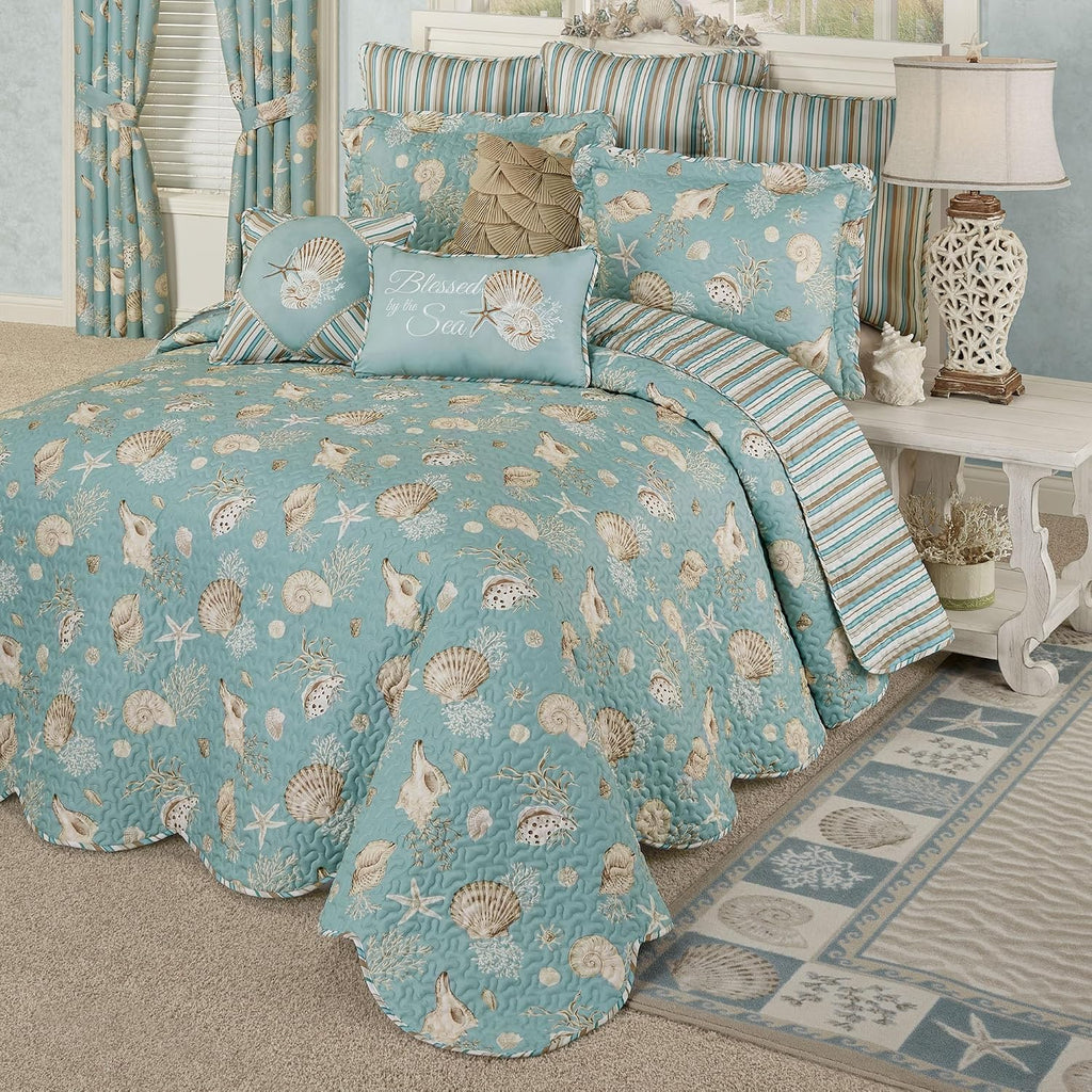Seabreeze Coastal Beach Polyester Bedding | All Season Quilted | Shell Starfish Coral Stripe | Aqua Teal Ivory Cream | 6 Pc Set: Full Bedspread, 2 Standard Shams, 2 Square Pillows, 1 Rectangle Pillow