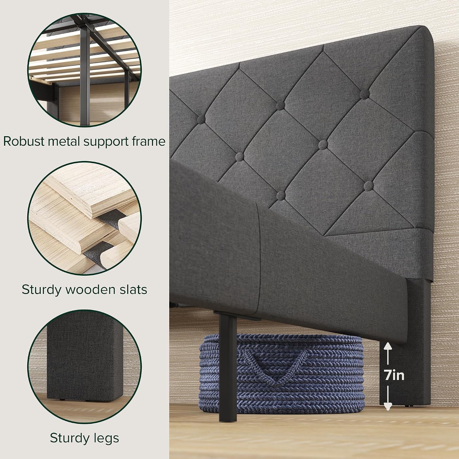Zinus Full Shalini Upholstered Platform Bed Frame with Headboard [New WonderBox(TM) Version], Wooden Slat Support, No Box Spring Needed, Easy Assembly, Eco Friendly Packaging, Dark Grey