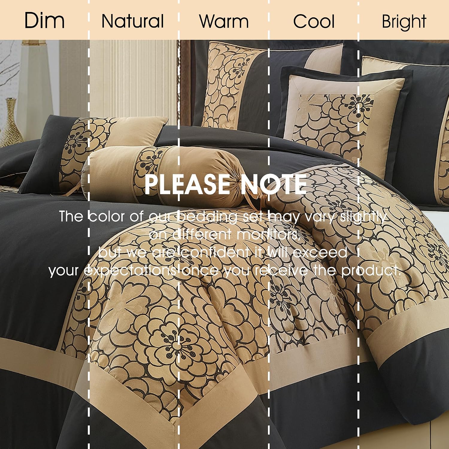 LANCO MODERN LIFESTYLE 7 Piece King Size Comforter Set, Black Gold, Elegant Floral Jacquard, Stylish and Cozy Bedding Collection, Premium Bedding Set with Bedskirt, Shams and Pillows