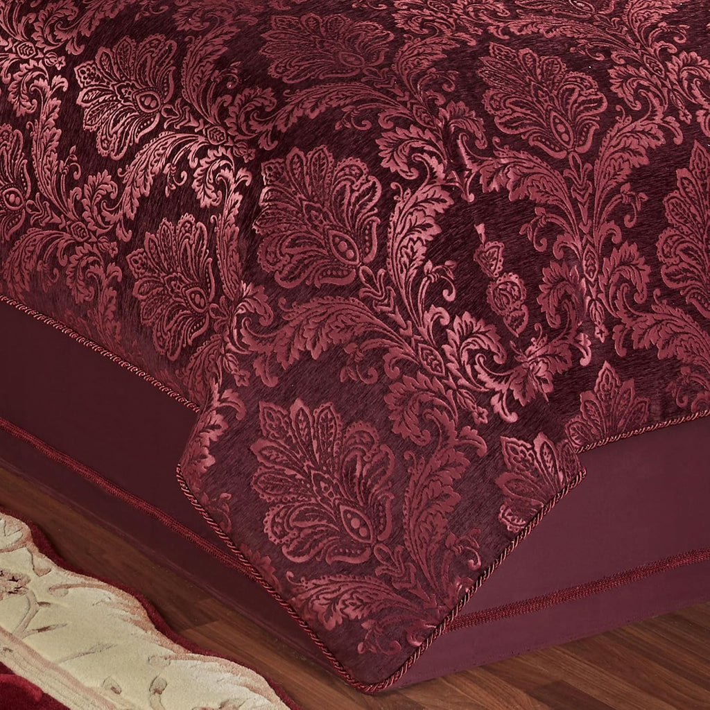 Camelot Luxury Bedding | Robust Burgundy | Matte Satin Damask on Richly Textured Jacquard-Woven Chenille | 7 Piece Set Includes Cal King Comforter, Bedskirt, 2 King Shams, and 3 Decorative Pillows
