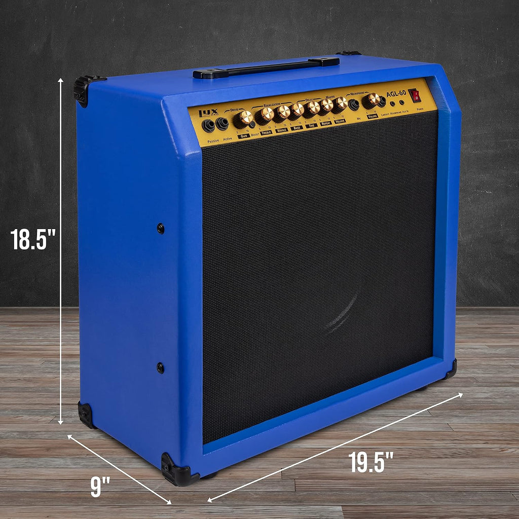 LyxPro 60 Watt Electric Guitar Amplifier | Combo Solid State Studio & Stage Amp with 10' 4-Ohm Speaker, Custom EQ Controls, Drive, Delay, ¼' Passive/Active/Mic Inputs, Aux in & Headphone Jack - Blue
