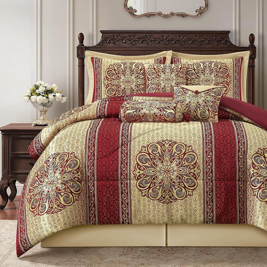 LANCO MODERN LIFESTYLE Queen Comforter Set, Wine Gold Medallion Jacquard Design, Luxurious Bohemian 7 Pieces Bedding Set with Decorative Pillows and Bed Skirt