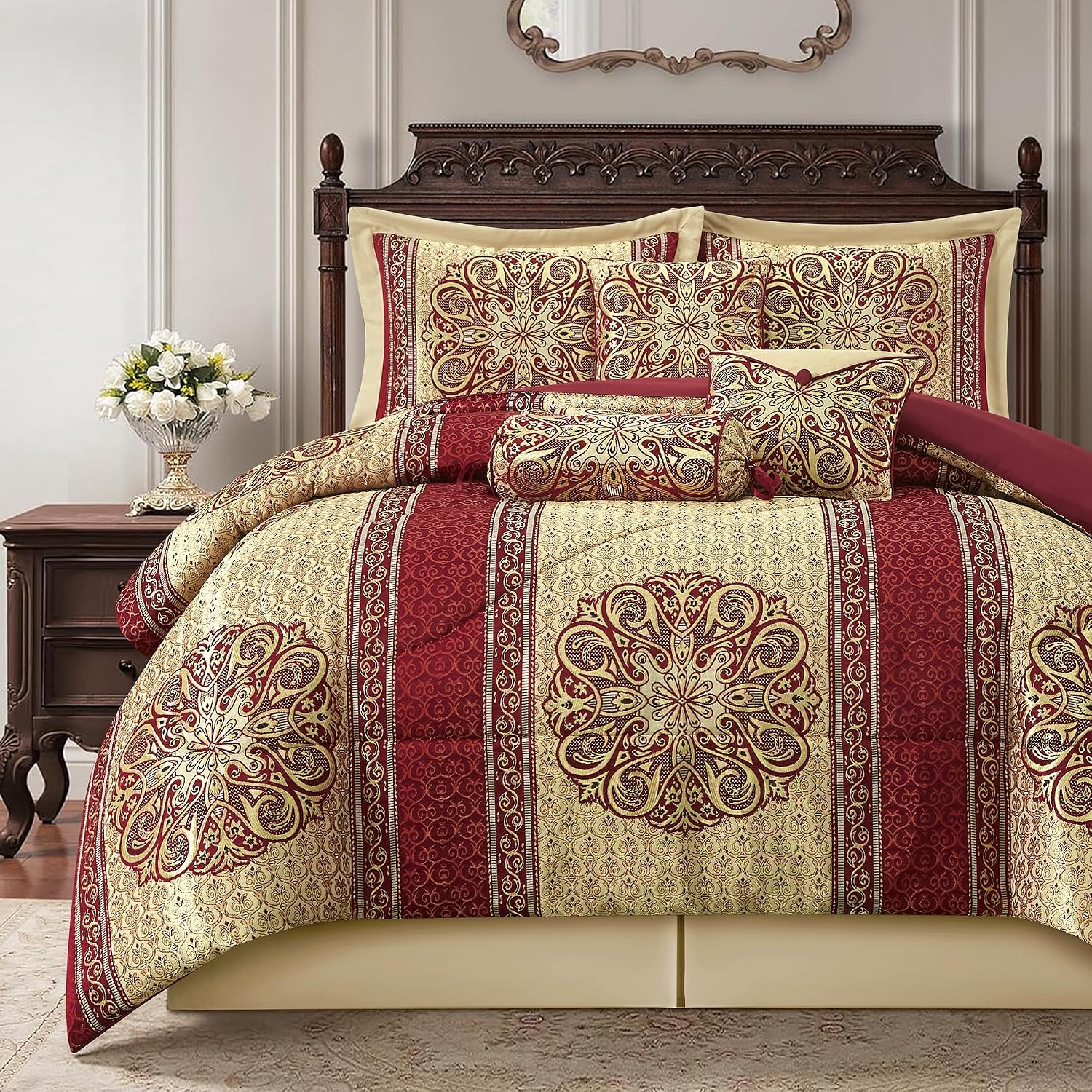 LANCO MODERN LIFESTYLE King Size Comforter Set, Wine Gold Medallion Jacquard Design, Luxurious Bohemian 7 Pieces Bedding Set with Decorative Pillows and Bed Skirt
