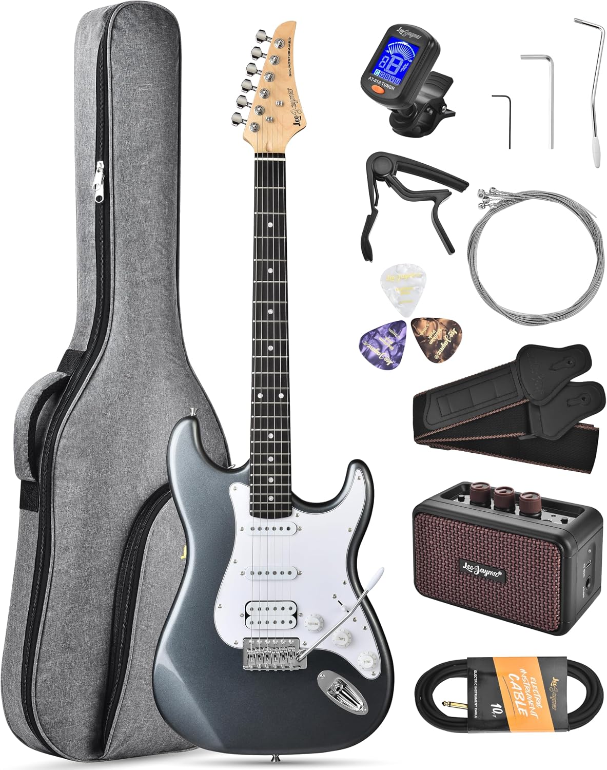 Leo Jaymz Beginner Electric Guitar 39' Kit with Portable Amplifier, Padded Gig Bag, Digital Tuner，Capo，Strap，Picks， HSS Pickups (Gray-HSS)