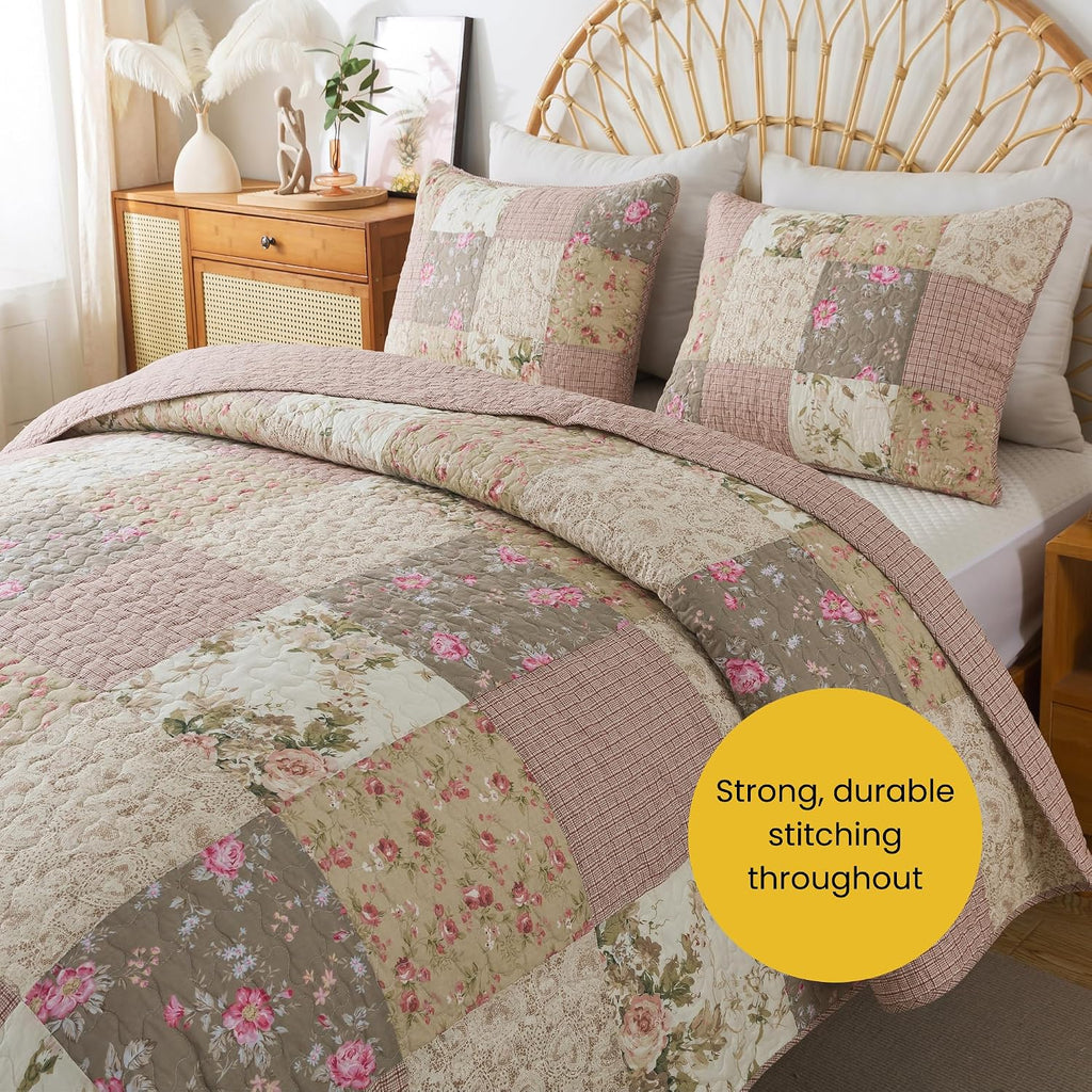 SLPR Secret Garden Patchwork Cotton Pieced Quilt Set - King with 2 Shams, Country Shabby Chic Bedding with Flower Pattern, Pink Floral Farmhouse Quilted Bedspread for All Seasons