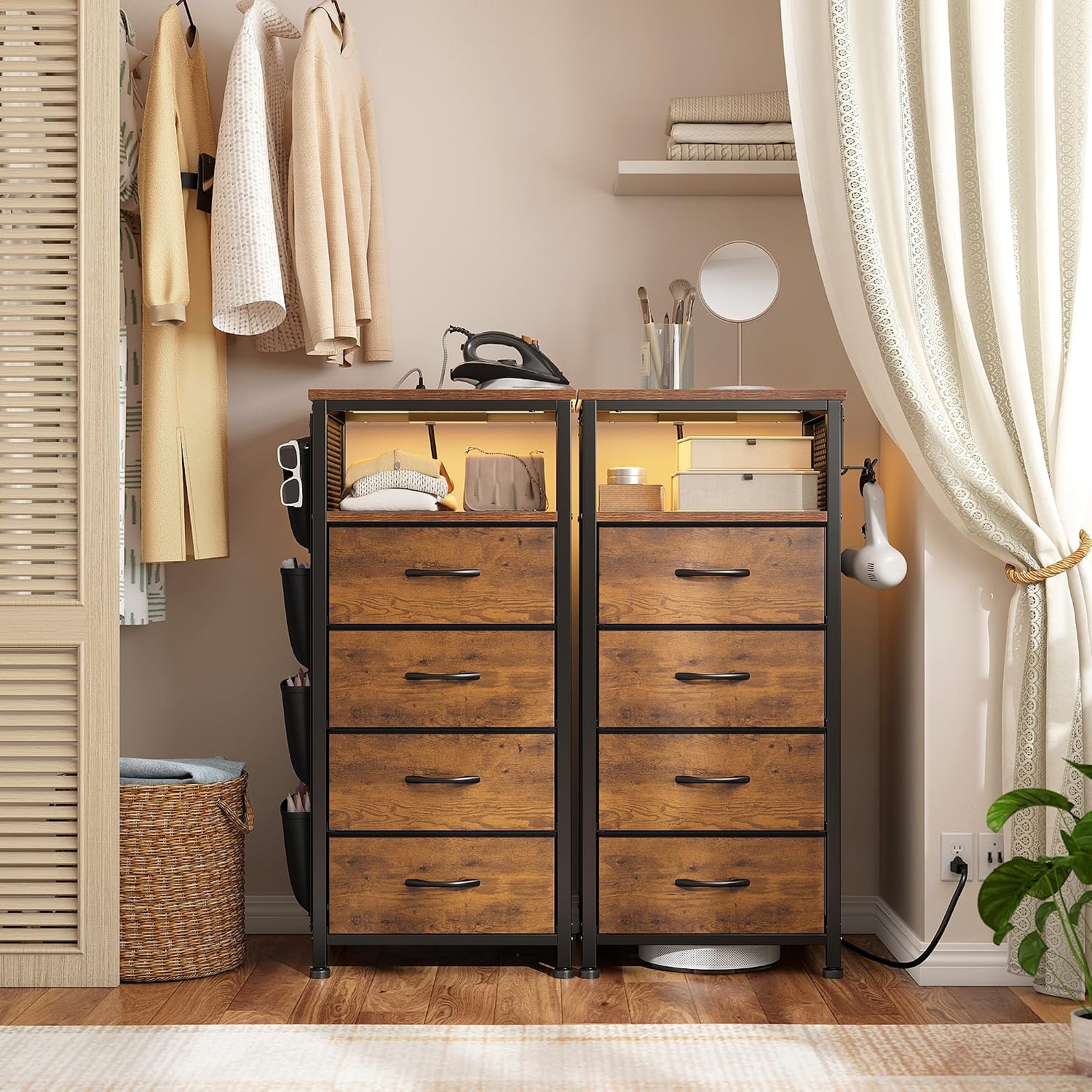 EnHomee Nightstand Set of 2, Night Stand with Charging Station & LED, Bedside Table with Fabric Drawers and Storage Shelf, Sturdy Steel Frame, Wood Top, Cloth Bags, Hooks, Brown
