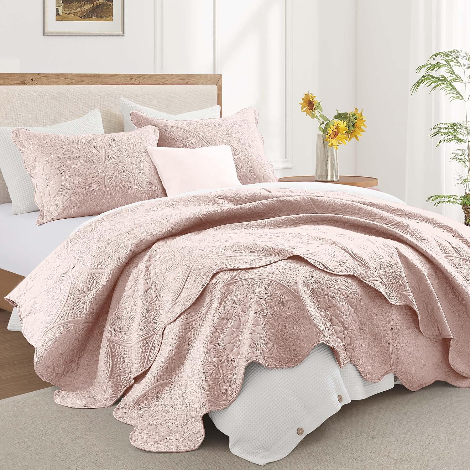 MOONLIGHT20015 8 Pack California King Quilt Bedding Set (118'x106') - Bulk Wholesale for Hotels, Guest Bedroom & Airbnbs - Microfiber Reversible Floral Embossed Quilts Bedspreads (Peach/Baby Pink)