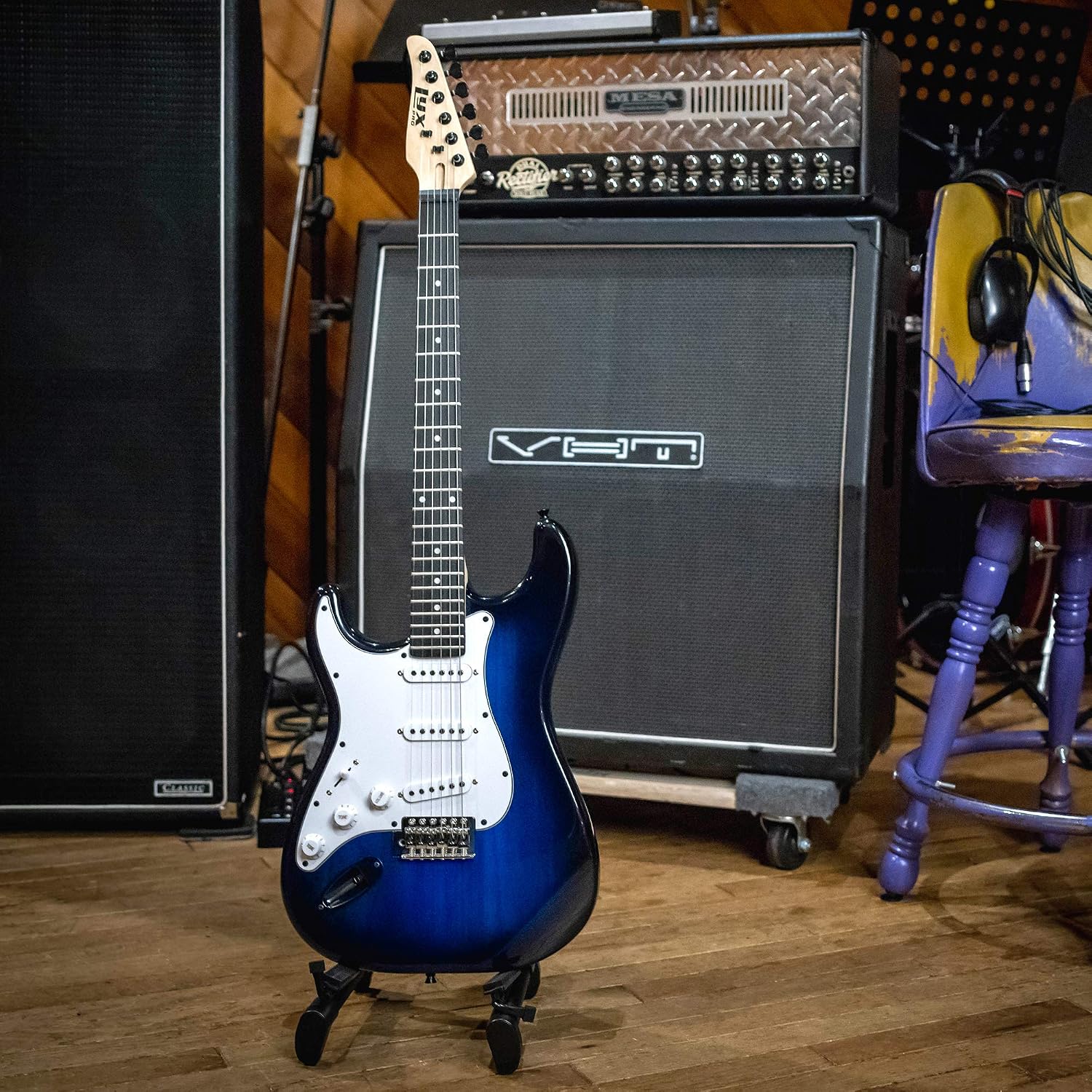 LyxPro Left Hand 39 Inch Electric Guitar and Starter Kit for Lefty Full Size Beginner's Guitar, Amp, Six Strings, Two Picks, Shoulder Strap, Digital Clip On Tuner, Cable and Soft Case - Blue