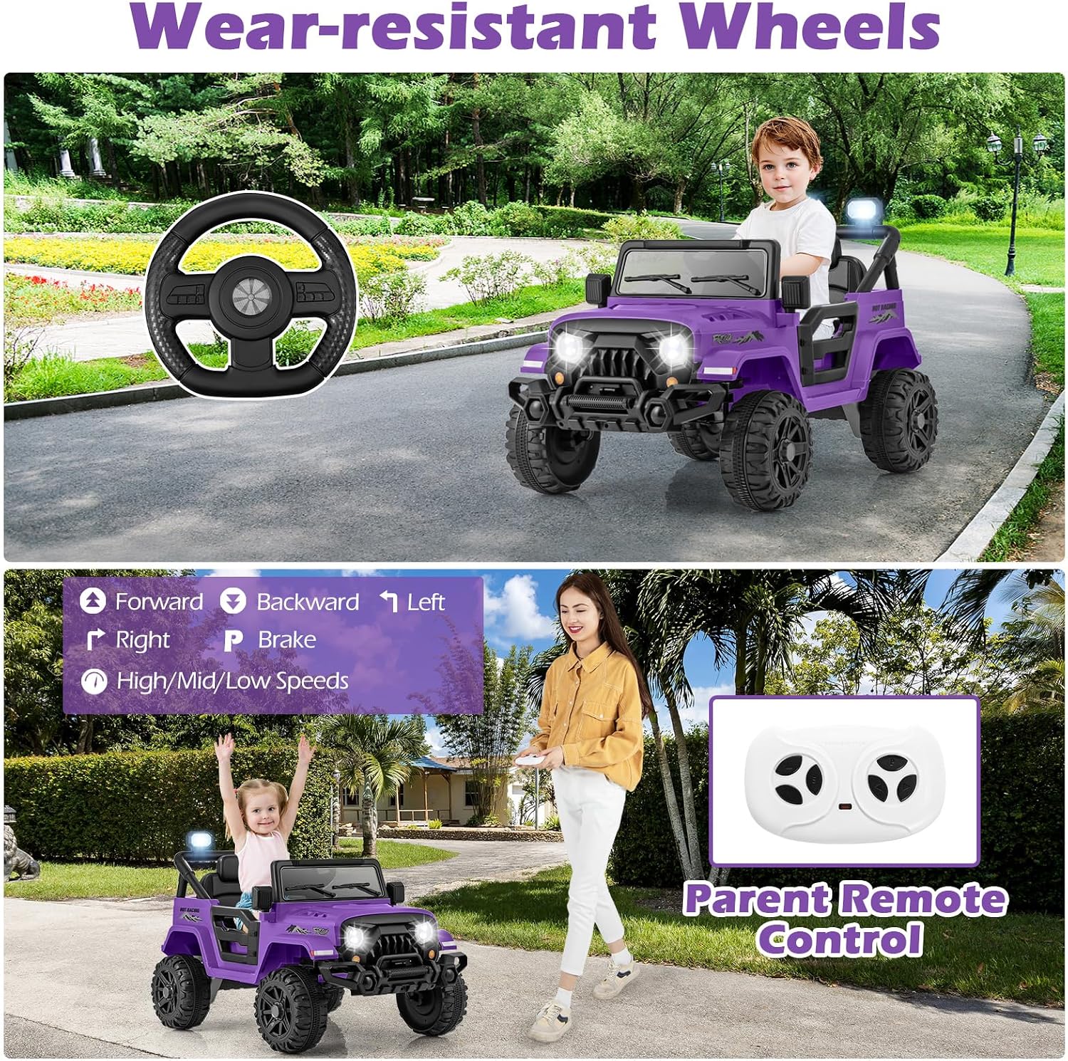 OLAKIDS Ride on Truck, 12V Battery Powered Electric Vehicle for Kids with Remote Control, Bluetooth, Power Display, LED Lights, Music Player, Ride on Toy for 3+ Boys Girls (Purple)