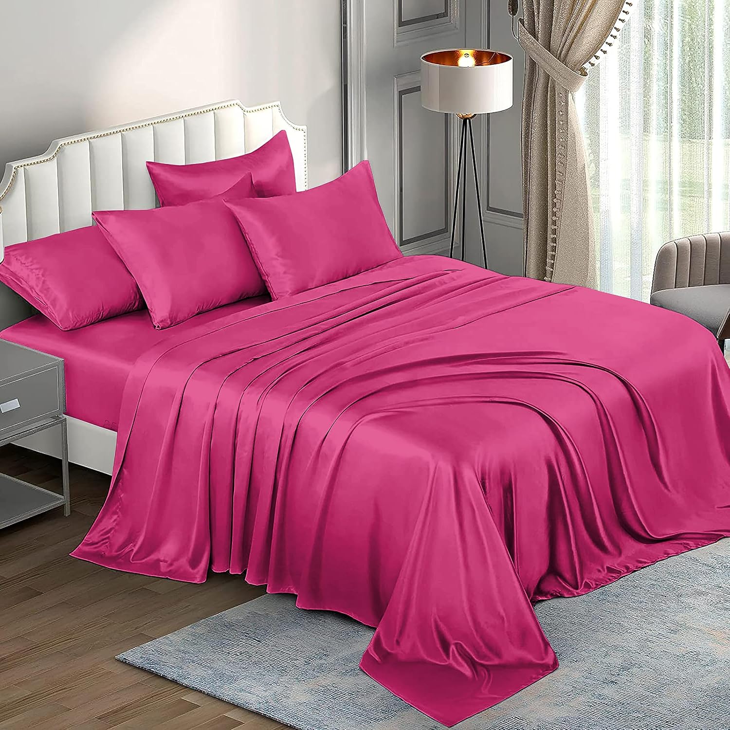 6 Piece Mulberry Silk Sheet Set Queen Size (60x80)+ Upto 16 Inch Deep Pocket Hot Pink Color Smooth Soft and Silk Bed Sheets Queen Size Bedding Set