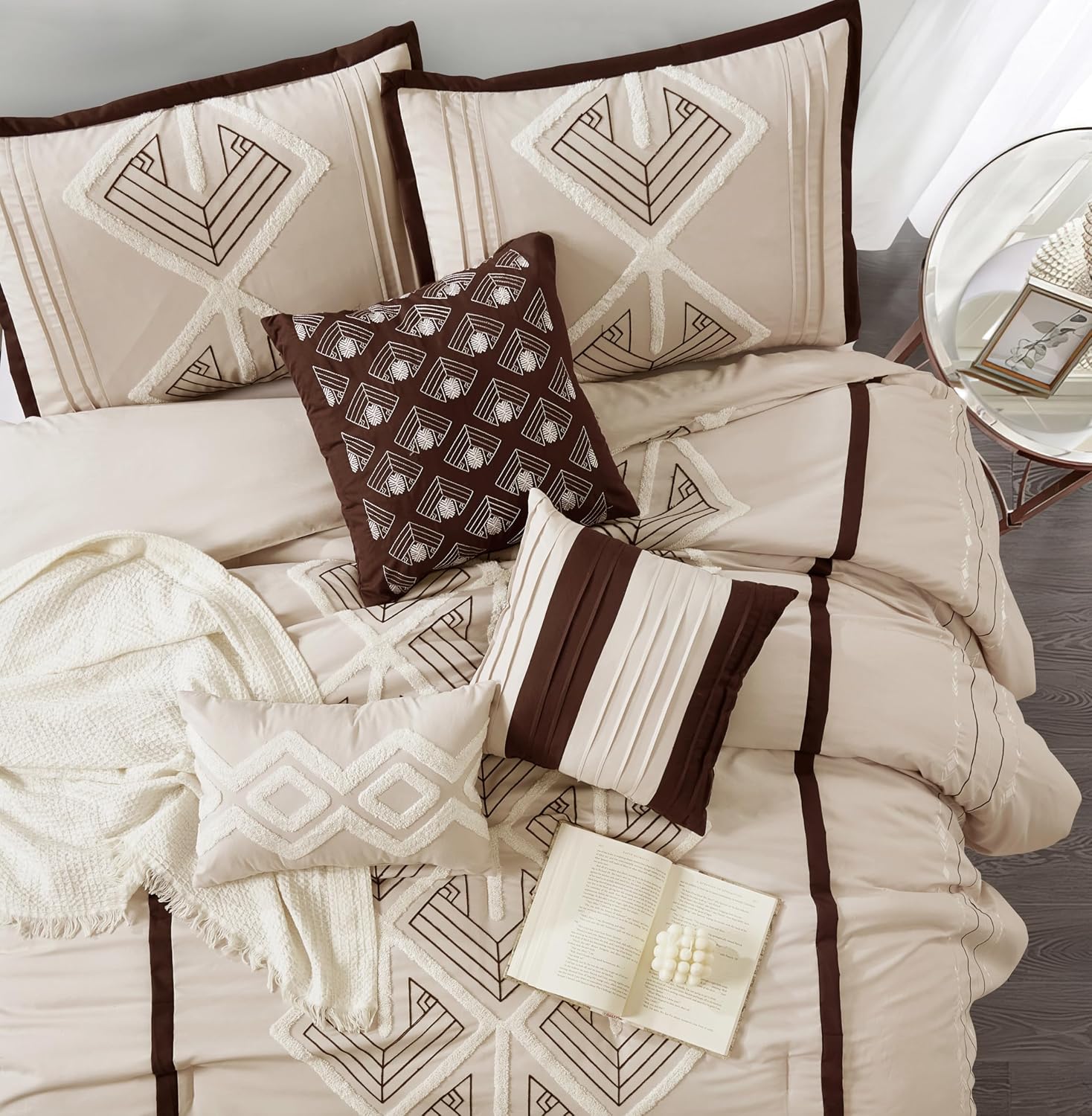 Stratford Park Brown Comforter Set Queen Size, 7 Piece, Terry Embroidery Geometric Home Decor, Matcking Bed Skirt, Pillows & Shams, All Season Bedding Set