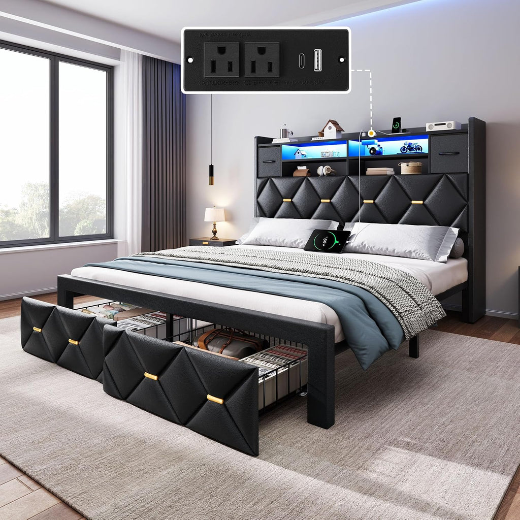 DWVO Full Size Bed Frame with 2 Storage Drawers and Storage Headboard, Upholstered Platform with Charging Station and LED Light, No Box Spring Needed, Noise Free, Easy Assembly, PU Leather Black