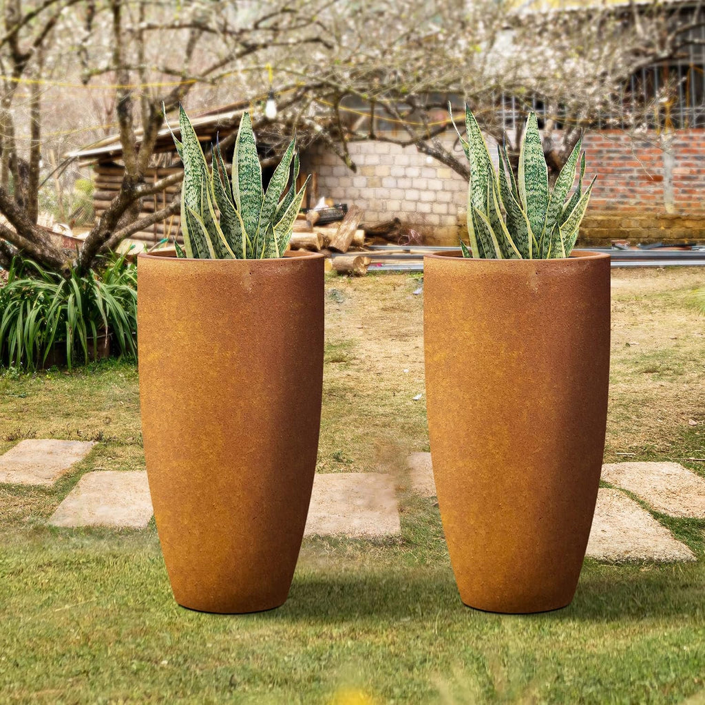 Kante 23.6' H Iron Oxide Finish Concrete Tall Planters (Set of 2), Large Outdoor Indoor Decorative Plant Pots with Drainage Hole and Rubber Plug, Modern Style for Home and Garden