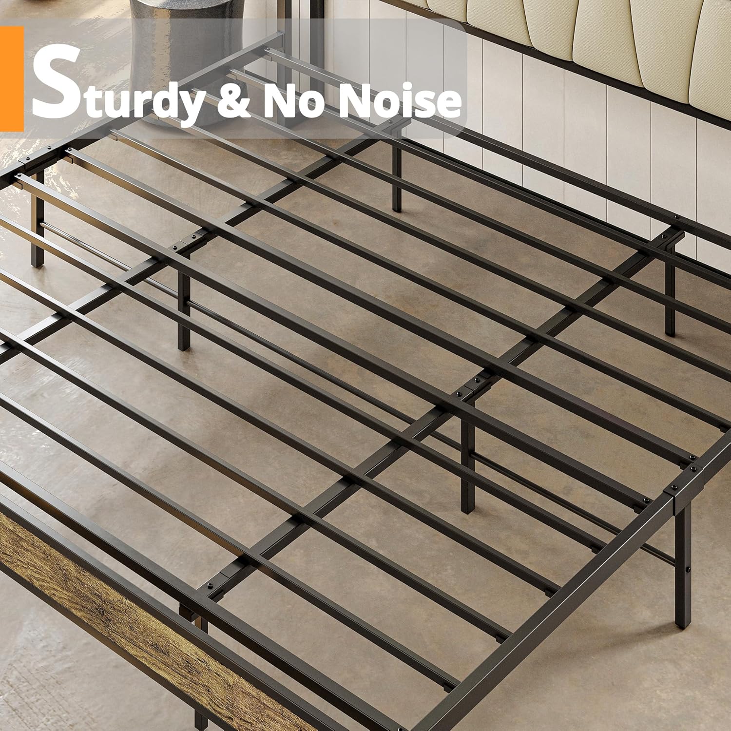 LIKIMIO King Bed Frame, Storage Headboard with Charging Station, Solid and Stable, Noise Free, No Box Spring Needed, Easy Assembly (Walnut and Beige)