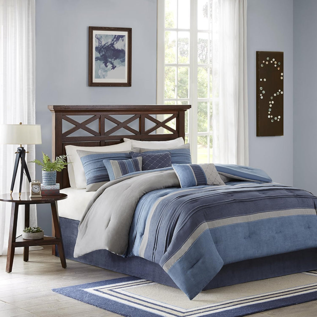 Madison Park - MP10-1638 Collins Comforter Set Bed in a Bag, Cal King(104'x92'), Blue Grey