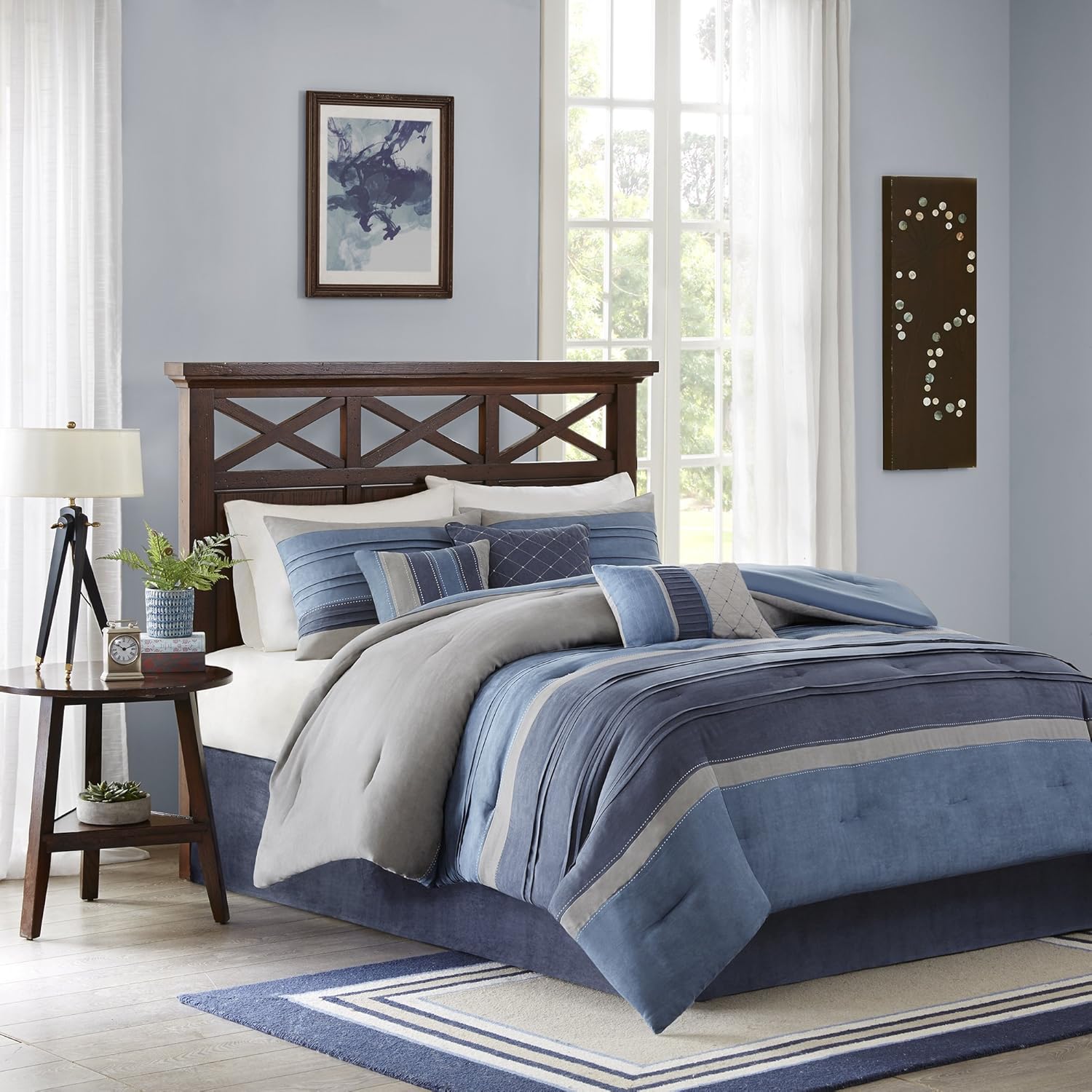 Madison Park - MP10-1638 Collins Comforter Set Bed in a Bag, Cal King(104'x92'), Blue Grey