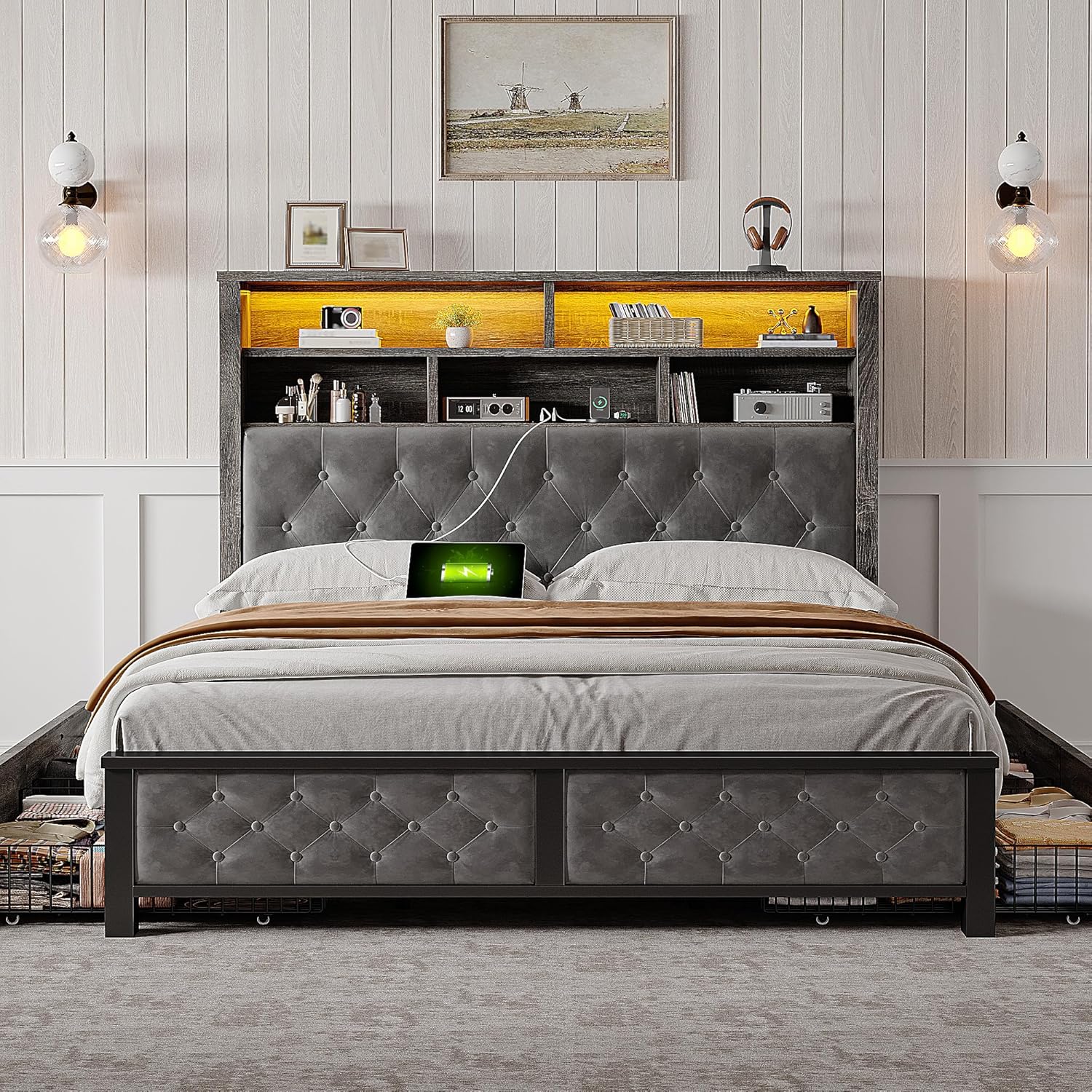 EnHomee Full Size Bed Frame with 4 Storage Drawers and Headboard Upholstered,Wooden Full Bed Frame with Charging Station and LED Light,NO Noise,No Box Spring Needed,Dark Gray