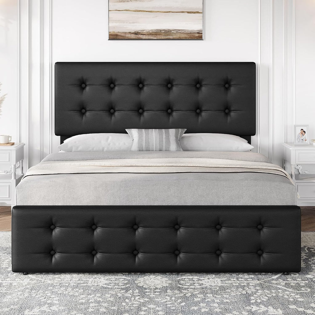 GAOMON Full Size Bed Frame with 4 Storage Drawers and Headboard, Faux Leather Upholstered Platform Bed Frame with Wooden Slats Support, Button Tufted Design, No Box Spring Needed, Black