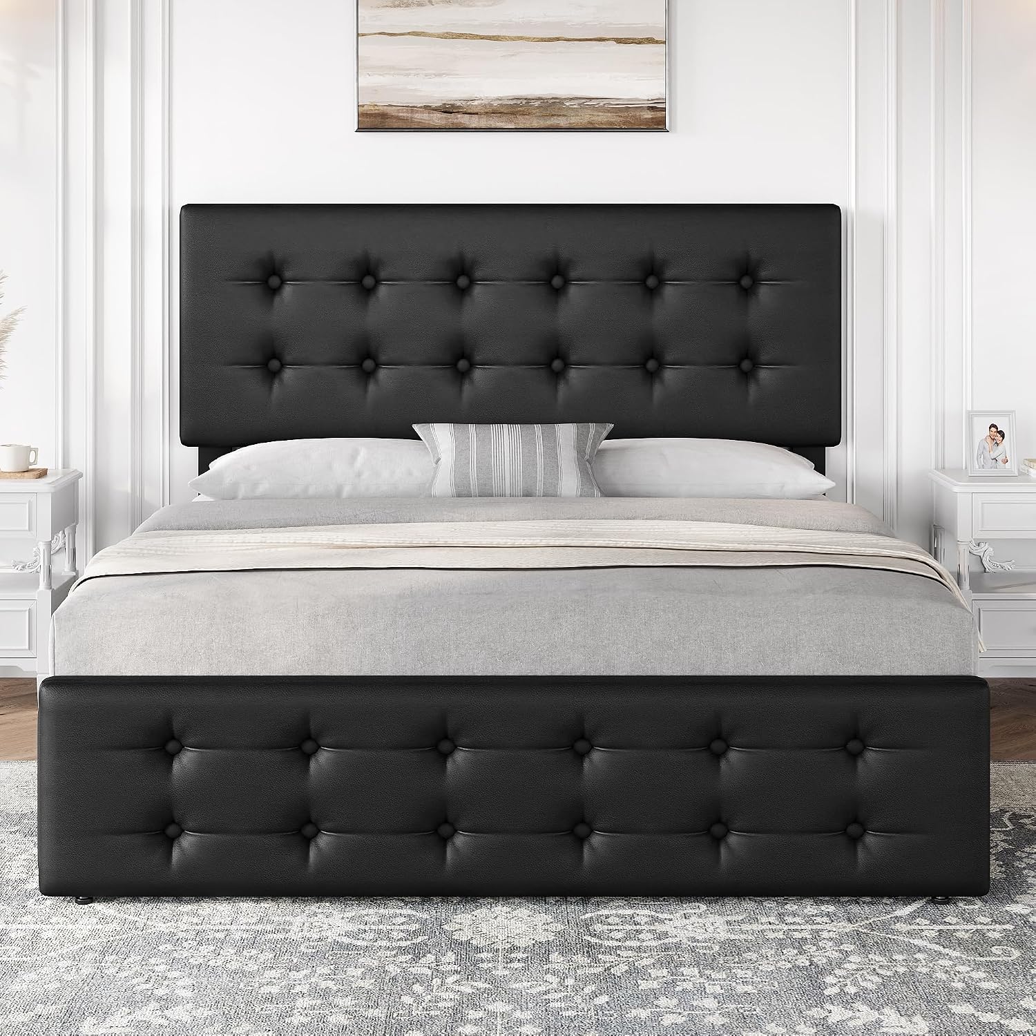 GAOMON Queen Size Bed Frame with 4 Drawers and Adjustable Headboard, PU Leather Upholstered Platform Bed with Button Tufted Design, No Box Spring Needed, Strong Wooden Slats, Black